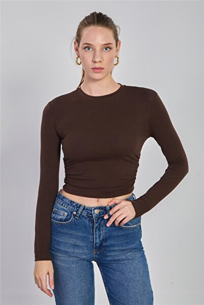 BARRELS AND OIL Women's Gathered Long Sleeve Bodysuit - Brown