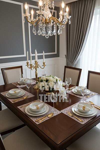 Çt Çeyizci Tekstil American Service, 6 Supla Ecru 30X38Cm Dinner Serving Set, Tablecloth Set, Serving Presentation Set