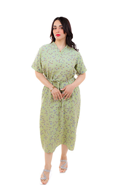 amaan Women Floral Daisy Print Crepe Fabric Midi Dress - Tie-Waist Jalabiya for Casual, Lounge & Home Wear