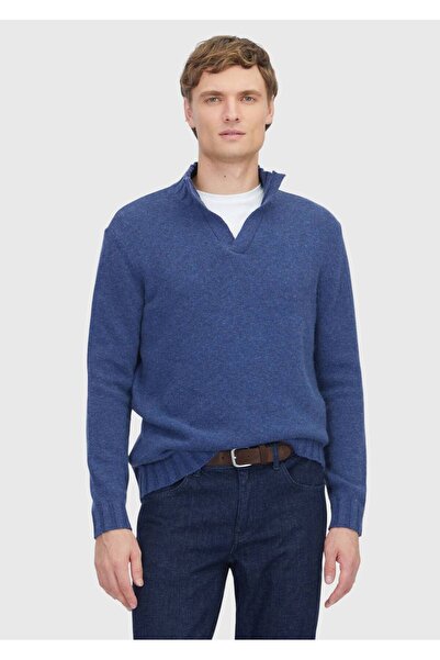 Ramsey Indigo Half Turtleneck Plain Knit Wool Blend Sweater