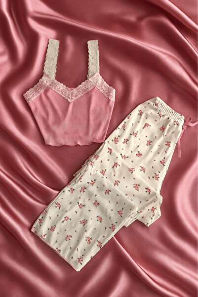 Gece İncisi Σετ Πιτζάμες με Ροζ Λουλουδάτα Τιράντες