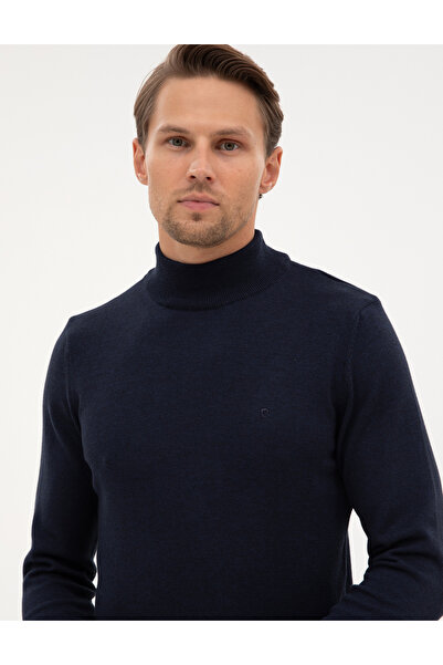 Pierre Cardin Navy Blue Melange Slim Fit Half Turtleneck Basic Knitwear Sweater 50315457-Vr120