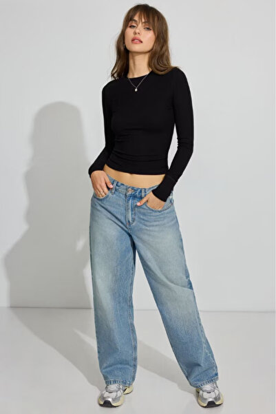 Madmext Black Crew Neck Slim Fit Women's Bodysuit Mg2564