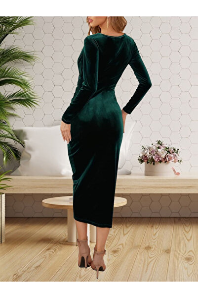 Modayakamoz Yeni Sezon Kadın Uzun Kollu Kadife Abiye Elbise Midi Boy Kruvaze Kesim Büzgü Detay