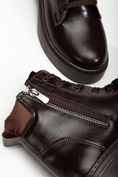 Hayalimdeki Ayakkabı Kadın Kahverengi Cilt Bağcık Ve Fermuarlı Postal Bot