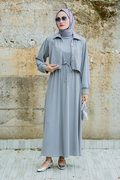 Tesettür Çarşım Missa Fitilli Ceket Jile Elbiseli Takım-Gri