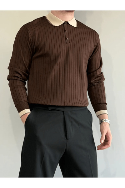 MENOFOURSWEAR سترة تريكو رجالية فاخرة بأكمام طويلة من Old Money باللون البني