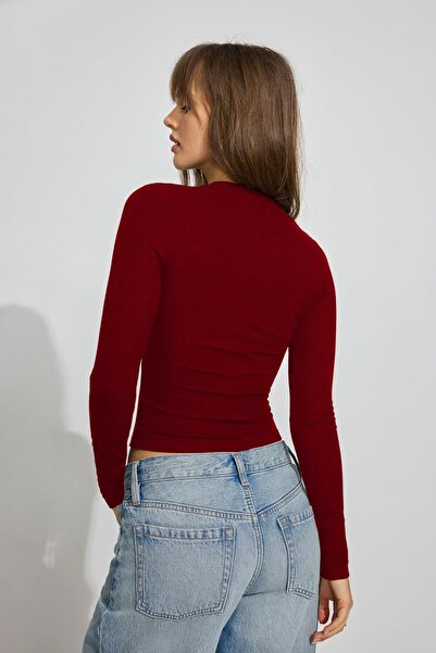 Madmext Burgundy Crew Neck Slim Fit Women's Bodysuit Mg2564