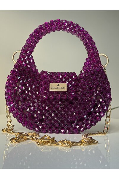 begüm jewelery MOR KÜBİK PARLAK TAŞLARLA İŞLENMİŞ TASARIM EL-OMUZ ÇANTASI