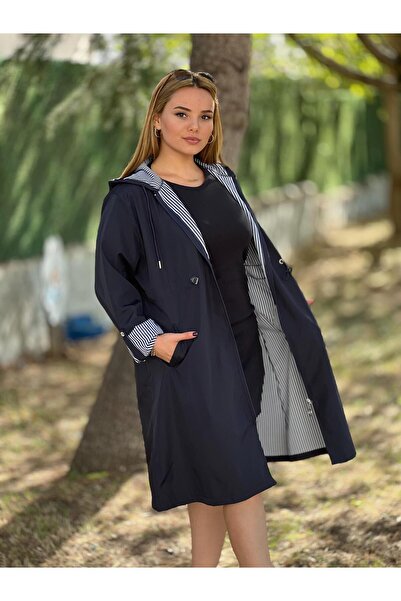 Costleyy KADIN LACİVERT BELİ BÜZGÜLÜ İÇİ ÇİZGİ DESEN KAPÜŞONLU KATLANILABİLİR...