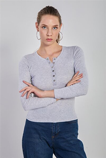 BARRELS AND OIL Kadın Önü Çıtçıtlı Uzun Kol Body - Kar Melanj