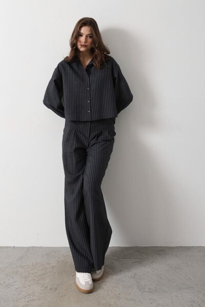 Wear Up Striped Shirt Trousers Suit - Navy Blue