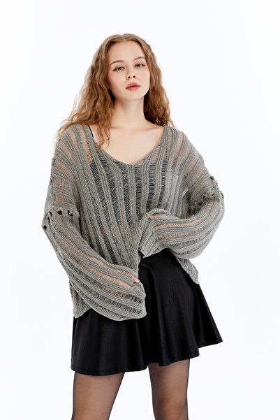 MA ananas Kadın Ajurlu Triko V yaka Bluz