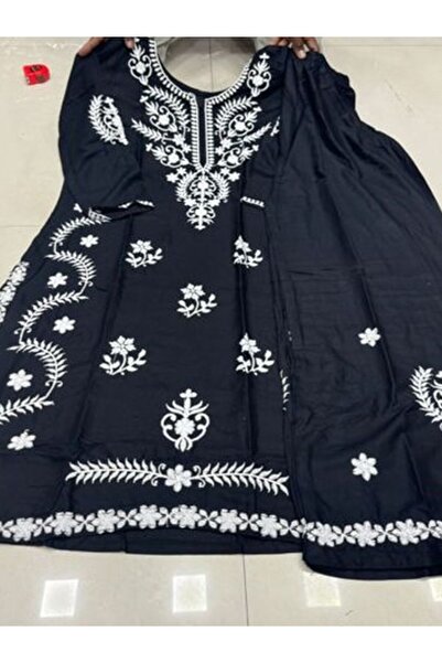 MYSMAR Black Rayon Viscose Salwar Kameez Set - PMM14666 | Black