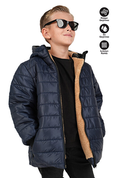 JARMO KİDS Boy's Waterproof and Windproof Fur-Lined Hooded Coat with Straight...