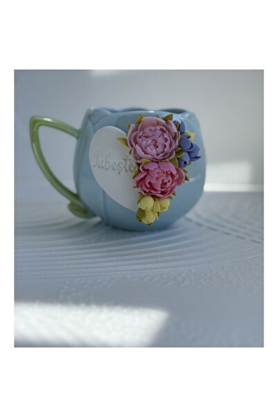OEM Cană cadou personalizată cu flori din lut polimeric și mesaj „Dragoste”, 350 ml, multicoloră, lucrată manual - Z