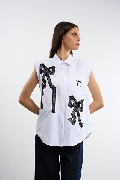 HANIQA Bow Printed Zero Sleeve Shirt