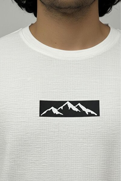 NO 601 Men's White Self-Printed Embossed Mountain Printed Oversized Loose T-Shirt