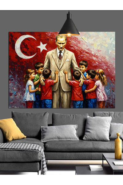 Tablo Mega Atatürk ve Çocuklar Dekoratif Kanvas - Mdf Ahşap Tablo