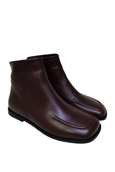 DRY SHOES Hakiki Deri Bordo Kadın Bot Ayakkabı Küt Burun Düz Topuklu Fermuarlı DRY-2139