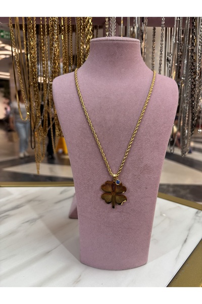 stainless steell Çelik 60 Cm Burgu Zincirli 4 Yapraklı Yonca Kolye