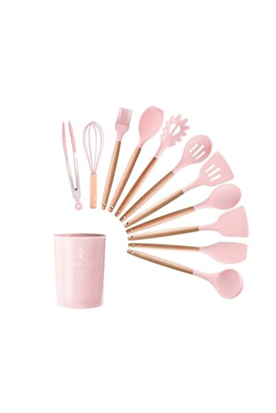 Telemag Set 11 ustensile de bucătărie, Antiaderent, Silicon, Mâner din lemn, Roz