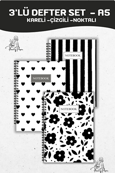 Flowery Paper 3'lü Telli Defter Seti A5,80 Yaprak 160 Sayfa Notepad, Memopad,...