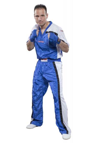 Top Ten Tricou kickboxing, decolteu în V „Mesh”, aprobat WAKO - albastru-alb, mărimea M