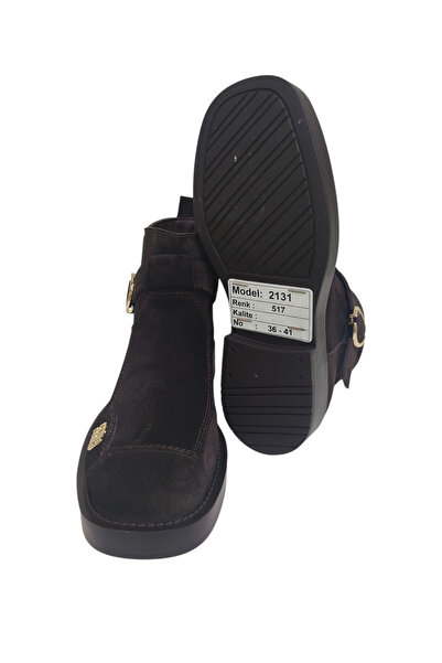 DRY SHOES Hakiki Deri Kahverengi Süet Kadın Bot Ayakkabı Yuvarlak Burun Düz Tokalı Fermuarlı DRY-2131