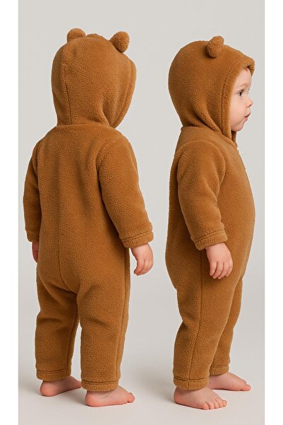 nevrankids Plush Cross-Zippered Jumpsuit with Teddy Bear Figure Hooded - Brown