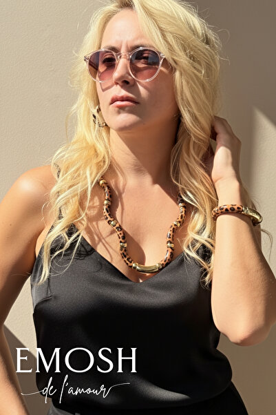 EMOSH de Lamour Leopar Desenli Gold Detaylı Kolye ve Bileklik Seti – Boncuklu Kadın Takı Seti