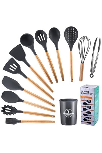 OEM Set 12 ustensile de bucătărie, silicon/lemn, suport de depozitare, gri