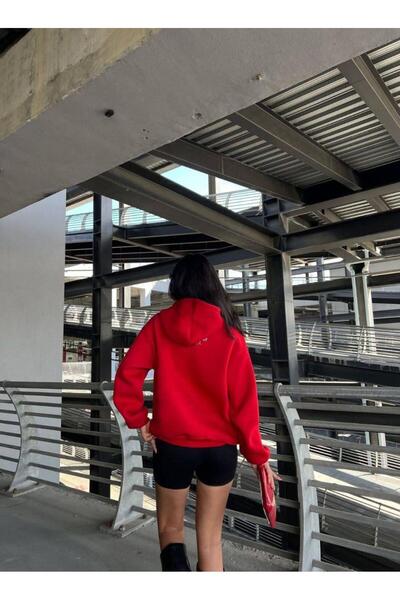 Modafeminen Stretchy Fabric Three Thread Hooded Sweatshirt with Print Detail 583029 Red