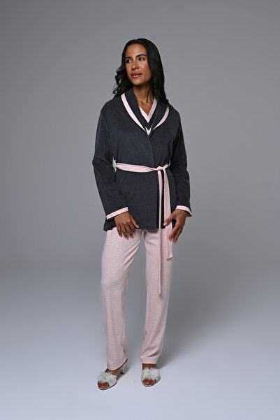 Lohusa Homewear Kadın Pudra Polar Sabahlıklı Şal Yaka Kışlık Özel Tasarım Sabahlık Pijama Takımı 3'lü Set