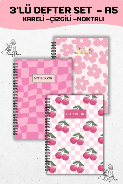 Flowery Paper 3'lü Telli Defter Seti A5,80 Yaprak 160 Sayfa Notepad, Memopad,...