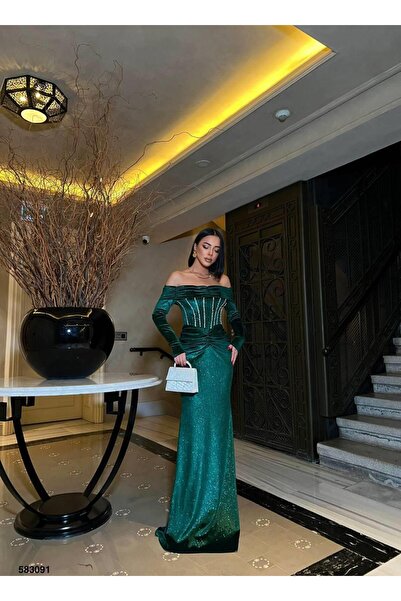 Modafeminen Βραδινό φόρεμα με απαλό βελούδο με λάμψη ψαριού 583091 ZÜMRÜT