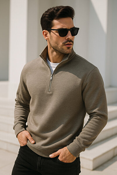 Rich Ανδρικό φούτερ με μισό φερμουάρ σε μπεζ χρώμα