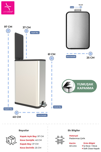 Prima Nova Dikdörtgen Çelik Çöp Kovası 40 Litre - Inox