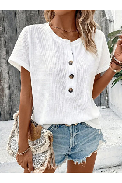 Wear Up Women's Short Sleeve Open Front Buttoned Waffle Blouse