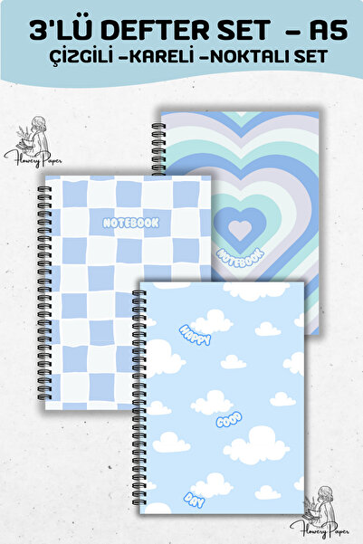 Flowery Paper 3'lü Telli Defter Seti A5,80 Yaprak 160 Sayfa Notepad, Memopad,...