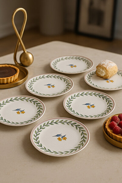 grandora طقم أطباق للحلويات والمعجنات مكون من 6 قطع - طبق بنقوش الزهور والأوراق (20 سم) - طبق معجنات أنيق عالي الجودة