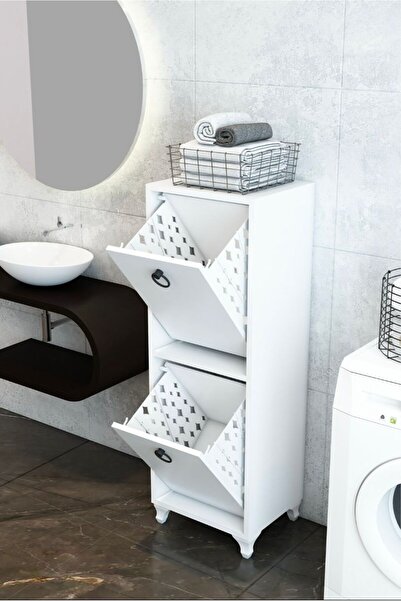 webotto 8 Çamaşır Dolabı 2 Sepetli Çok Amaçlı Kirli Sepeti Banyo Dolabı Beyaz