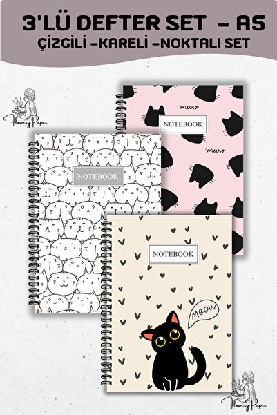 Flowery Paper 3'lü Telli Defter Seti A5,80 Yaprak 160 Sayfa Notepad, Memopad,...