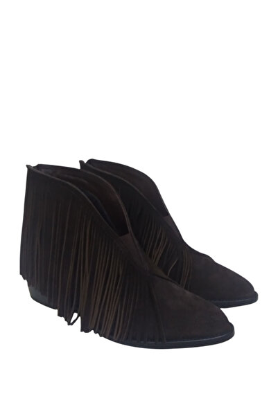 DRY SHOES Hakiki Deri Kahverengi Süet Kadın Püsküllü Bot Ayakkabı Sivri Burun Düz Topuklu Fermuarlı DRY-2135