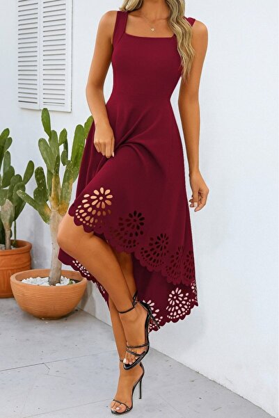 Wear Up Women's Strap Geometric Neckline Flower Laser Cut Imported Crepe Dress