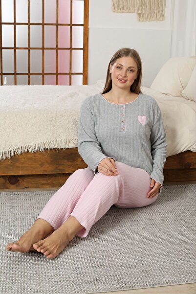 FORVENS Plus Size Embroidered Cotton Heart Detailed Pajama Set