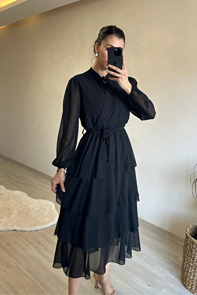 Neşeli Butik γυναικείο φόρεμα μίντι σιφόν με κυματιστή ζώνη NM004