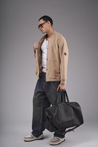 king brich Trend Biz College Collar Snap Closure Oversize Fleece Jacket