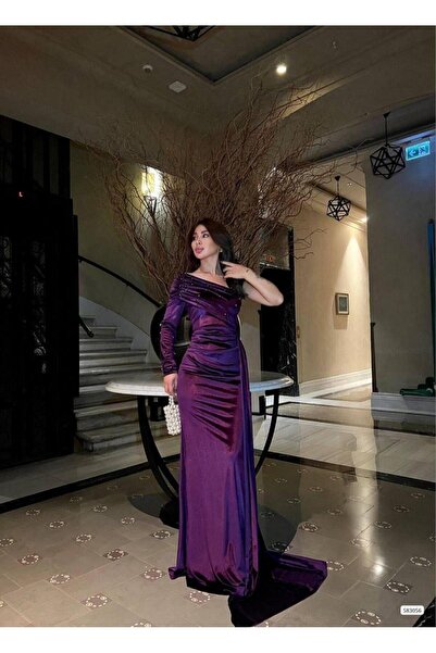 Modafeminen Rochie de seară din țesătură elastică din catifea, cu un singur umăr, cu perle și detaliu de coadă 583056 PURPLE
