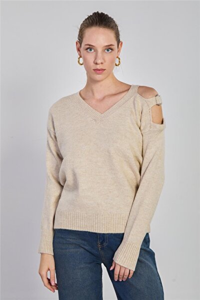 BARRELS AND OIL Women's Off-Shoulder Knit Sweater - Stone Color